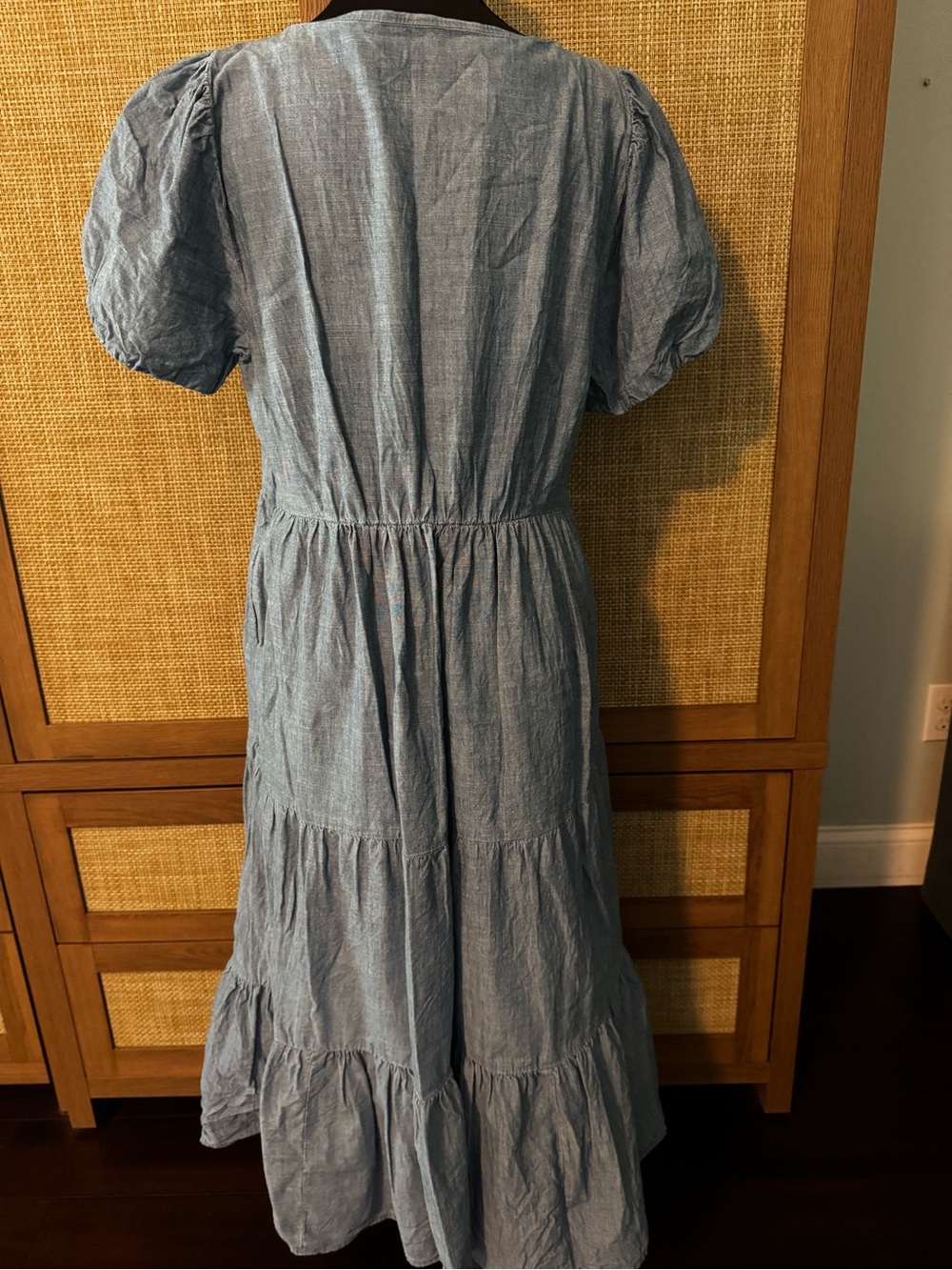 J. Crew Light Blue Chambray Puff-Sleeve Tiered Midi Dress - Picture 3 of 6